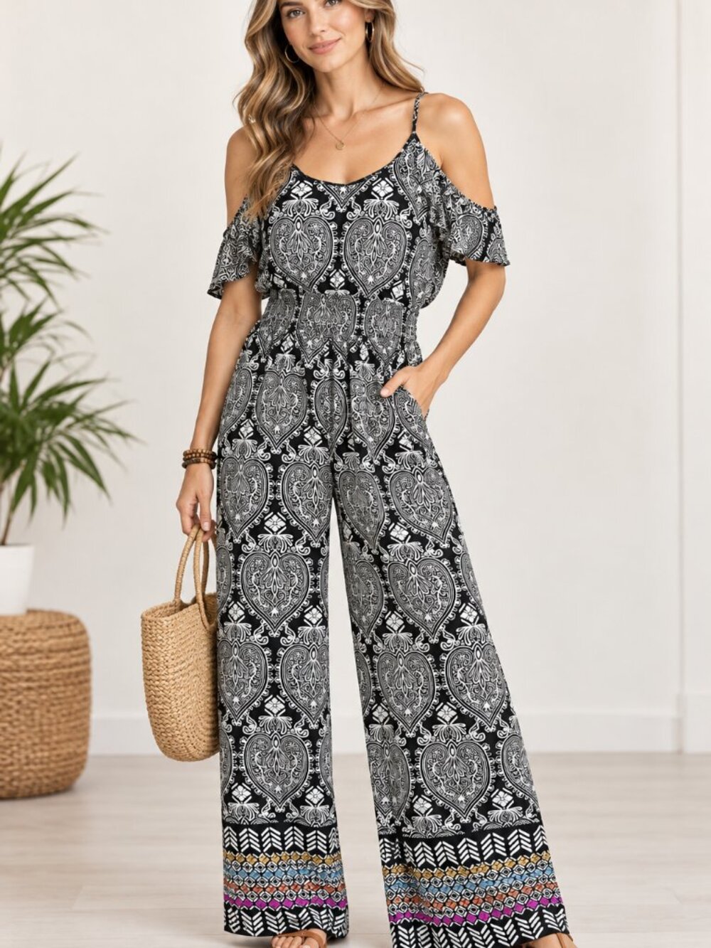 Angie Boho Print Jumpsuit Women's Size S Black Multicolor Wide Leg